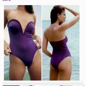 NWT ZARA Violet Purple Strapless Corset Plunge Neckline One Piece Swimsuit